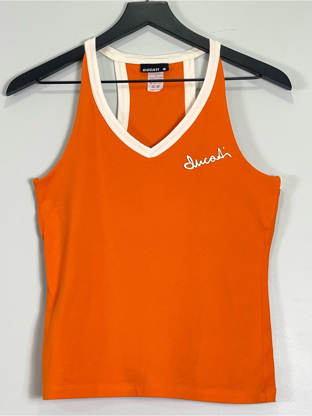 DUCATI Women's Orange Tank Top Ivory Trim Racer Back Made in Italy Size Medium